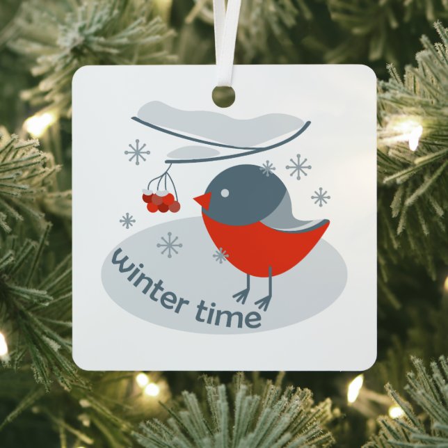 Winter bullfinch bird and red rowan berries  metal ornament (Insitu)