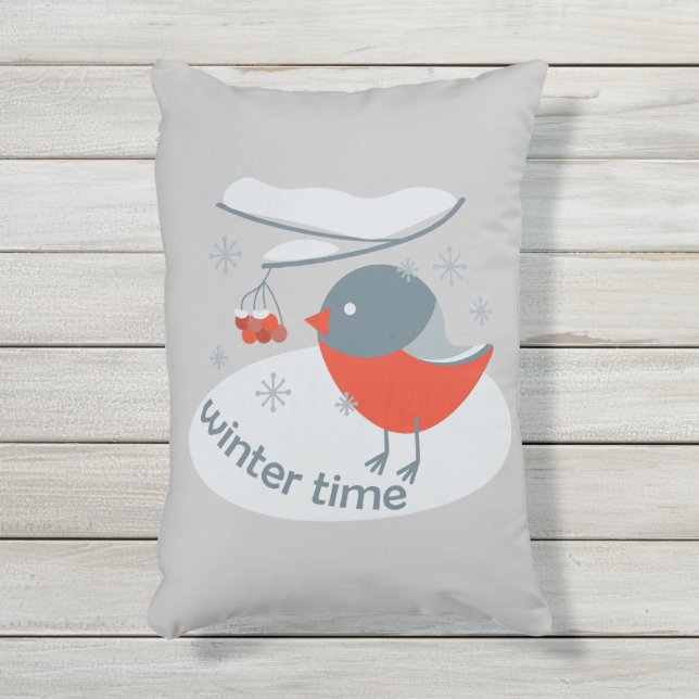 Winter bullfinch bird and red rowan berries outdoor pillow (Front(Vertical))