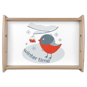 Winter bullfinch bird and red rowan berries serving tray