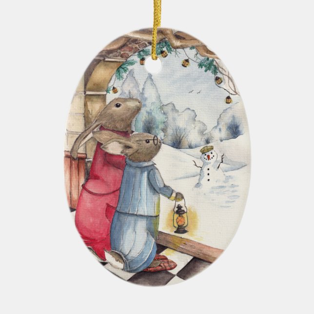 Winter Bunnies Ceramic Ornament (Front)