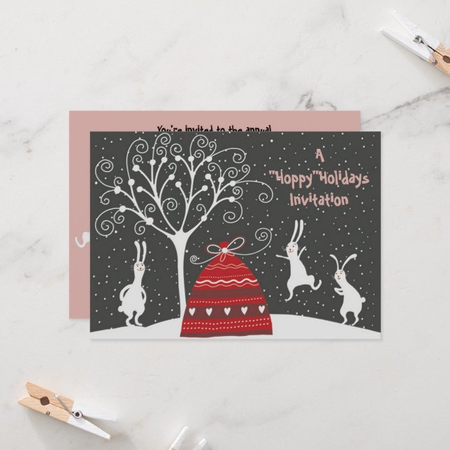 Winter Bunny Hoppy Holidays Christmas Invitation (Front/Back In Situ)