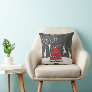 Winter Bunny Hoppy Holidays Throw Pillow