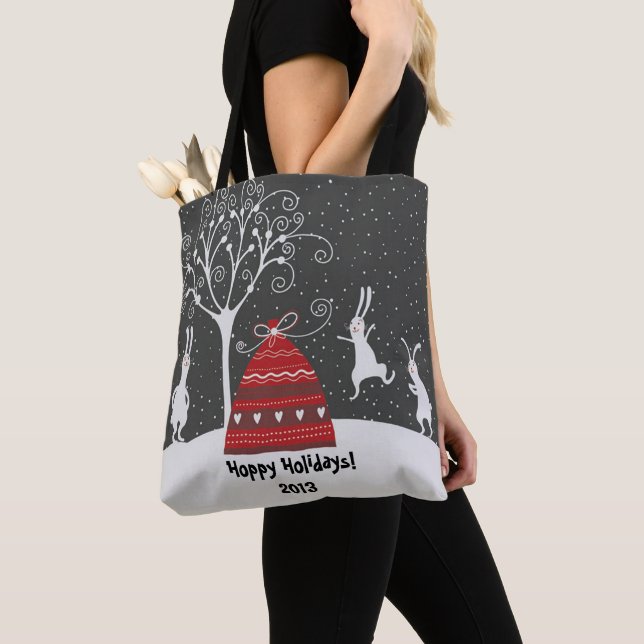 Winter Bunny Hoppy Holidays Tote Bag (Close Up)