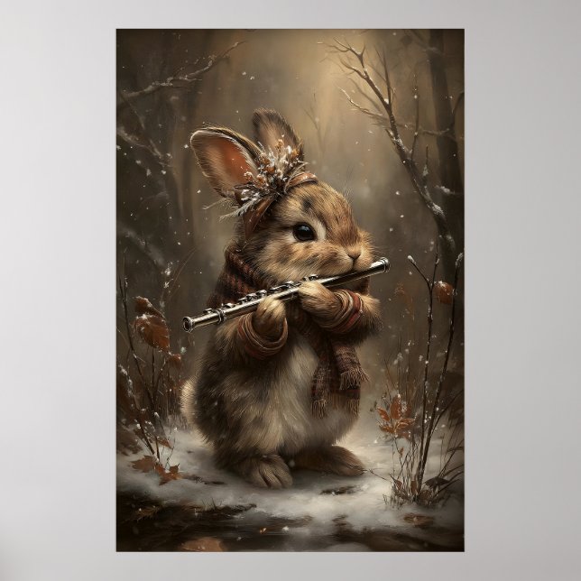 Winter Bunny Playing Flute in Forest Art Print – (Front)