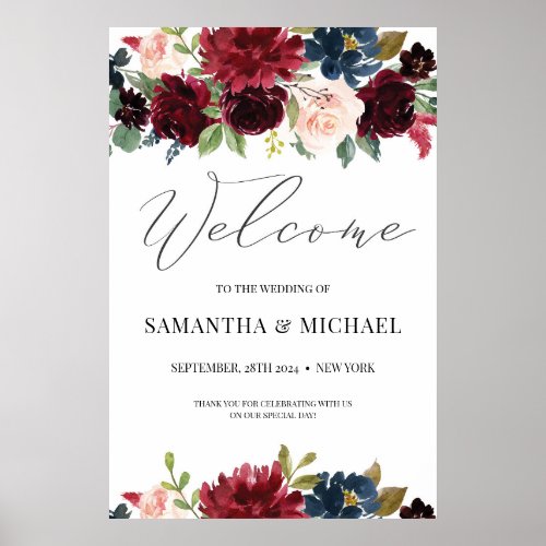 Winter burgundy blush navy floral welcome sign