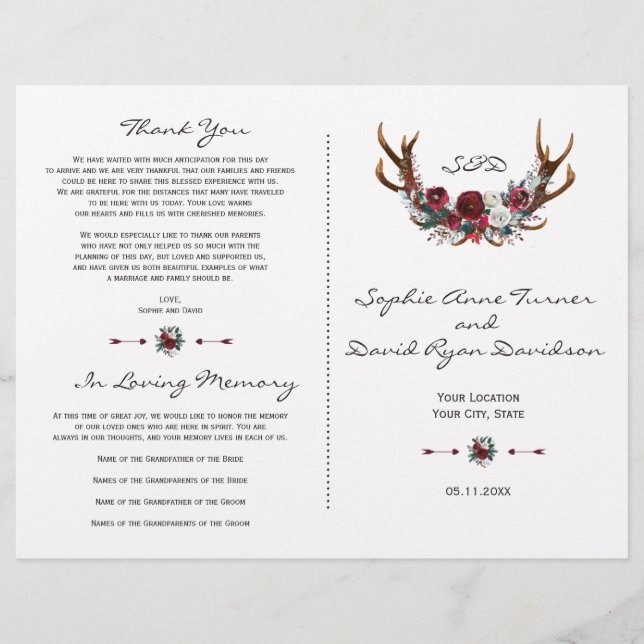 Winter Burgundy Floral Antlers Wedding Program (Front)