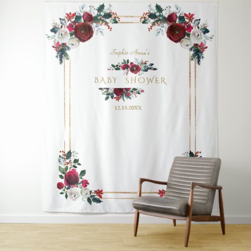 Winter Burgundy Floral Baby Shower Photo Prop Tapestry
