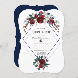 Winter Burgundy Floral Navy Blue Sweet 16 Invitation