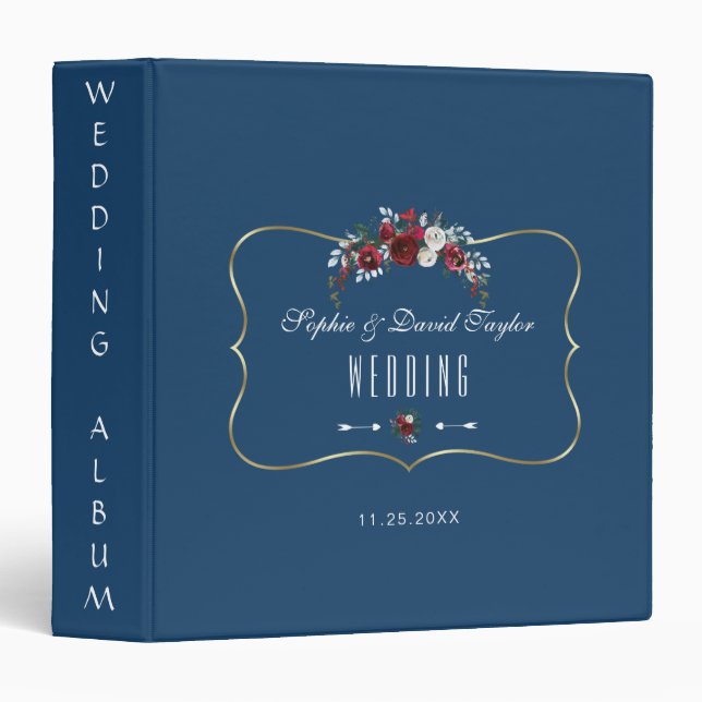 Winter Burgundy Floral Navy Gold Wedding Album 3 Ring Binder (Front/Spine)