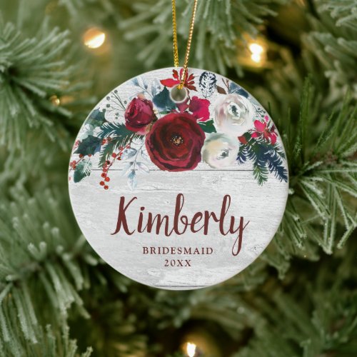 Winter Burgundy Floral Personalized Bridesmaid Ceramic Ornament