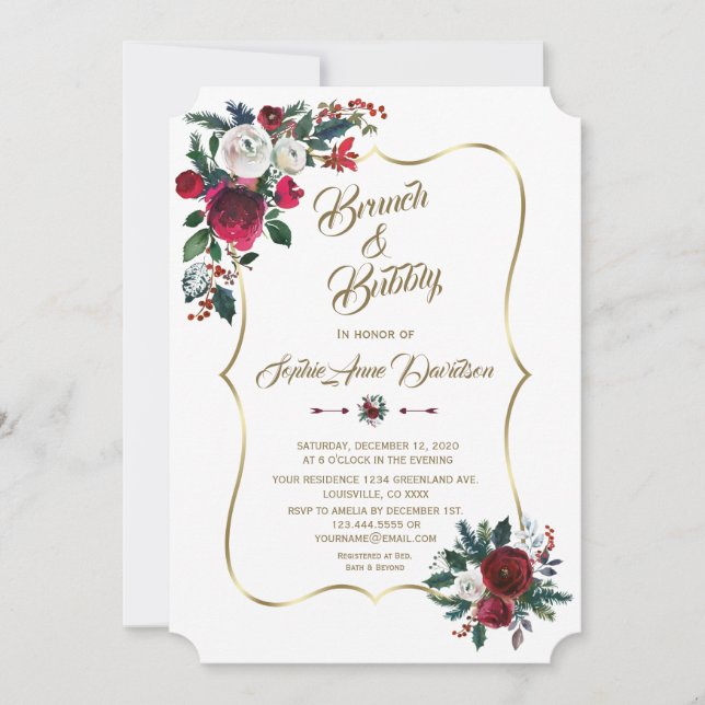 Winter Burgundy Floral Pine Gold Brunch & Bubbly Invitation (Front)