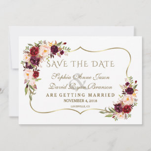 Winter Burgundy Floral Pine Gold Save The Date