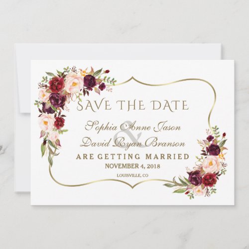 Winter Burgundy Floral Pine Gold Save The Date