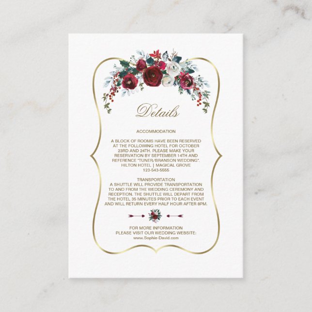 Winter Burgundy Floral Pine Gold Wedding Details Enclosure Card (Front)