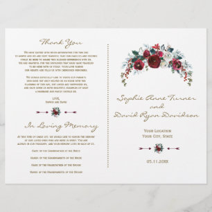 Winter Burgundy Floral Pine Gold Wedding Program