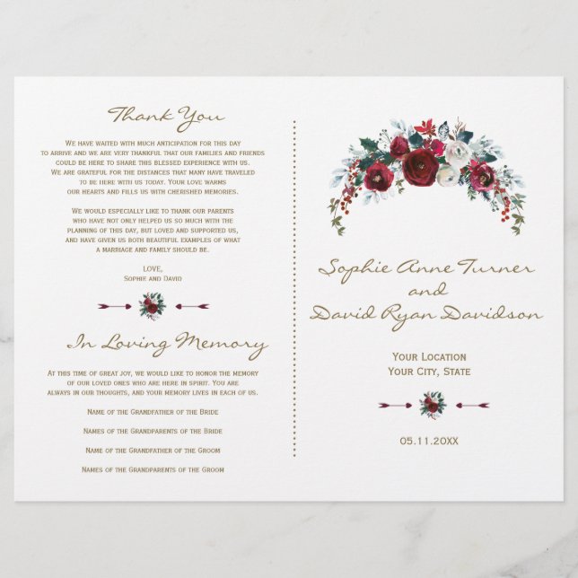 Winter Burgundy Floral Pine Gold Wedding Program (Front)