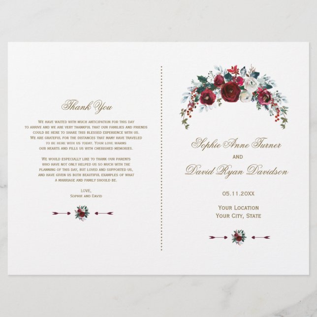 Winter Burgundy Floral Pine Gold Wedding Program (Front)
