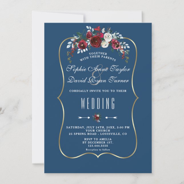 Winter Burgundy Floral Pine Navy Blue Gold Wedding Invitation (Front)