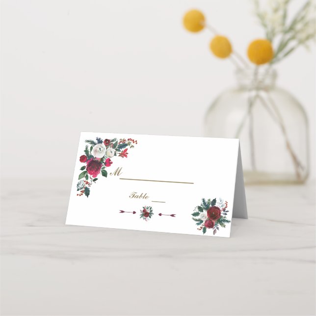 Winter Burgundy Floral Pine Wedding Table Number Place Card (Front)