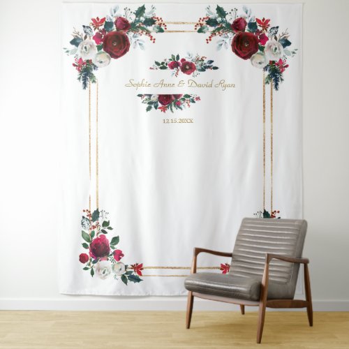 Winter Burgundy Floral Wedding Photo Prop Tapestry