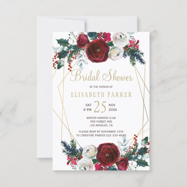 Winter burgundy gold geometric frame bridal shower invitation (Front)