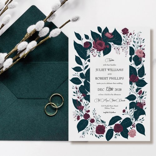 Winter Burgundy Green Floral Leaves Wedding Invitation