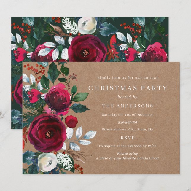 Winter Burgundy Green Foliage Christmas Party Invitation (Front/Back)