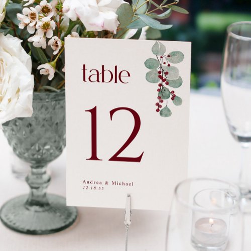 Winter Burgundy Greenery 5x7 Wedding Table Numbers