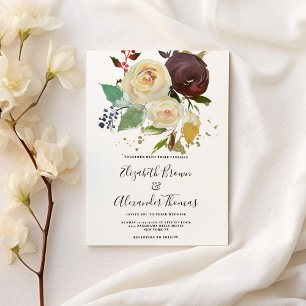 Winter burgundy ivory mint gold floral wedding invitation