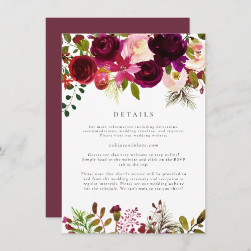 Winter Burgundy Maroon Floral Wedding Details Card