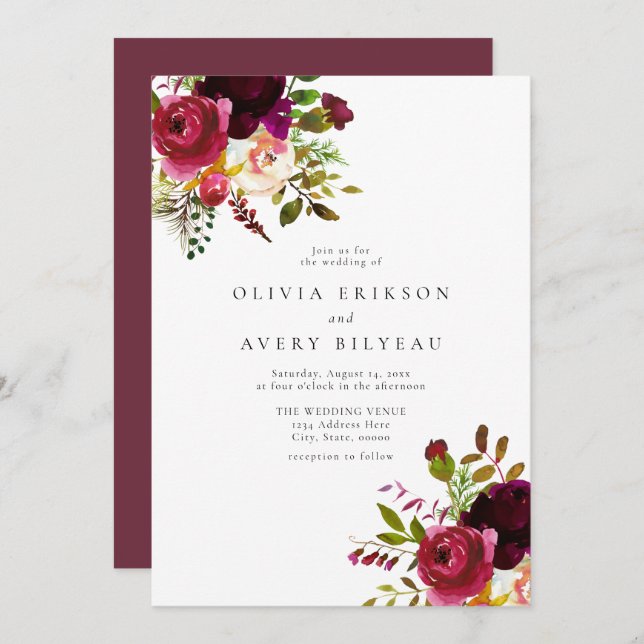 Winter Burgundy Maroon Marsala Floral Wedding Invitation (Front/Back)