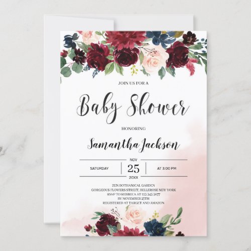 Winter burgundy navy blush pink floral baby shower invitation