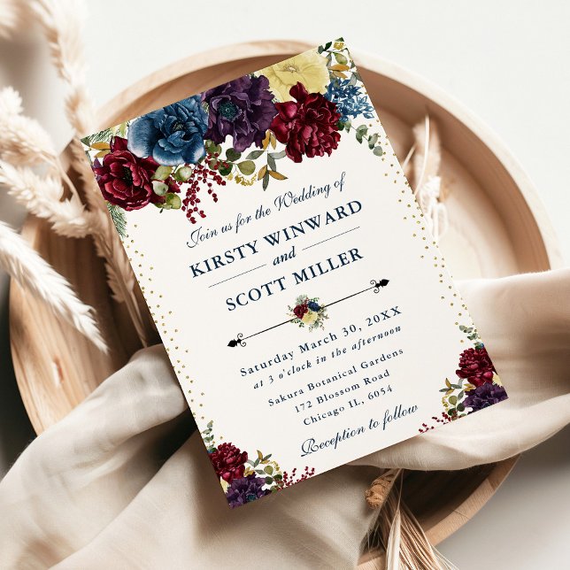 Winter Burgundy, Navy & Gold Floral Wedding Invitation (Creator Uploaded)