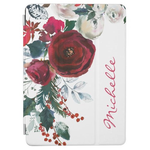 Winter Burgundy Peony Rose Floral Pine Bouquet iPad Air Cover
