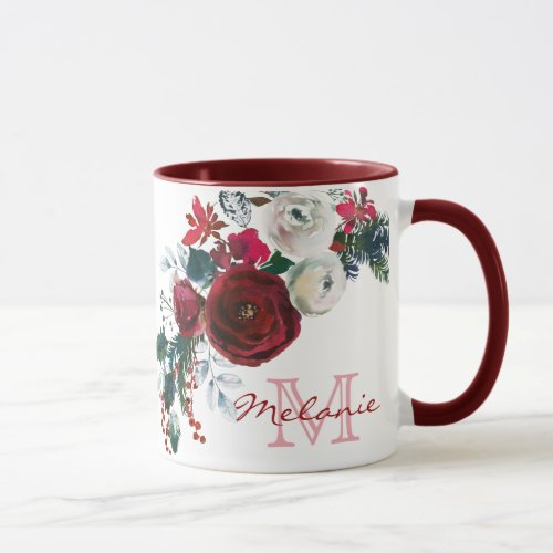 Winter Burgundy Rose Floral Pine Bouquet Monogram Mug