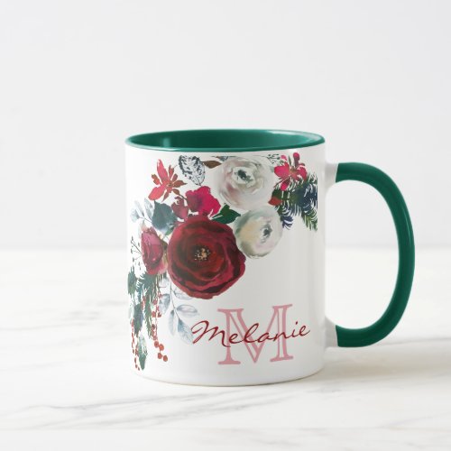 Winter Burgundy Rose Floral Pine Bouquet Monogram Mug