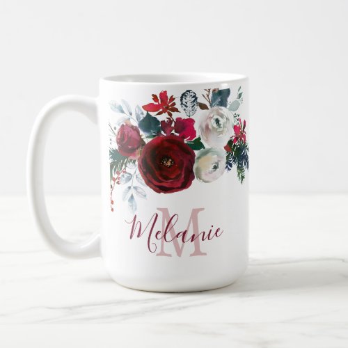 Winter Burgundy Rose Floral Pine Branch Monogram Coffee Mug