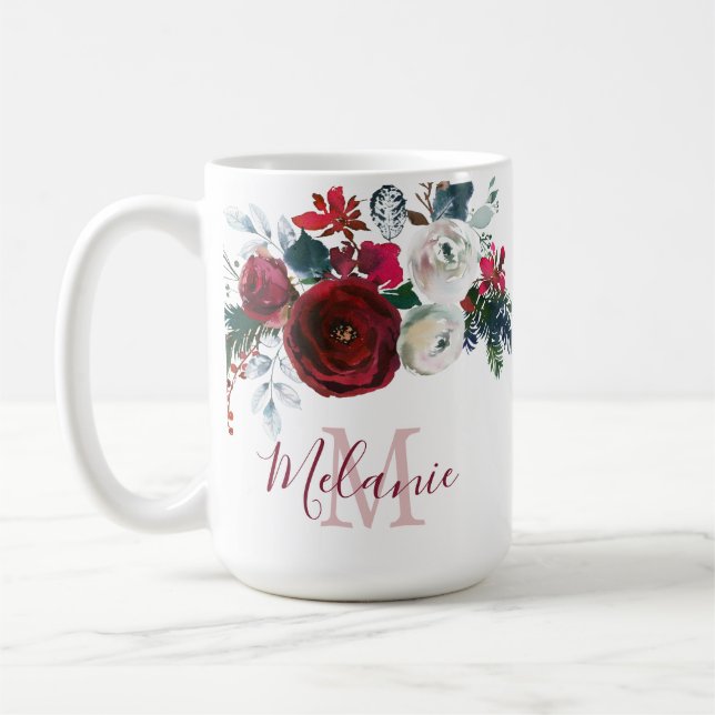 Winter Burgundy Rose Floral Pine Branch Monogram Coffee Mug (Left)