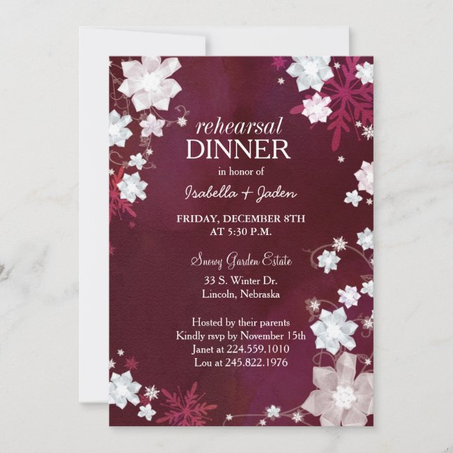 Winter Burgundy Wedding Rehearsal Dinner Invitation (Front)