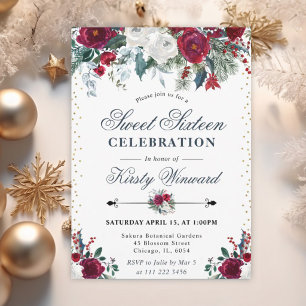 Winter Burgundy & White Floral Sweet Sixteen Invitation