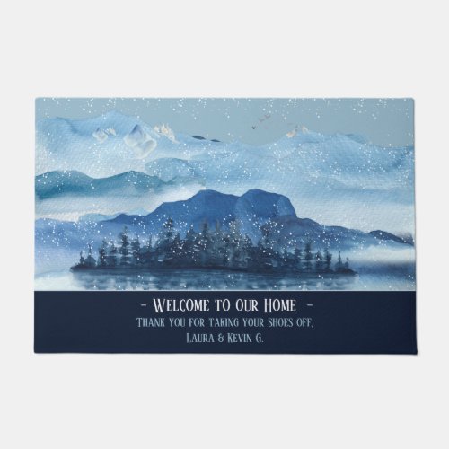 Winter by a Mountain Lake watercolor custom name Doormat