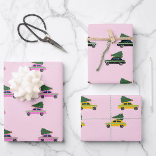 Winter Cab Taxi Fir Tree Pattern Pink Christmas Wrapping Paper Sheets