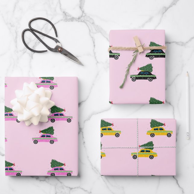 Winter Cab Taxi Fir Tree Pattern Pink Christmas  Wrapping Paper Sheets (Front)