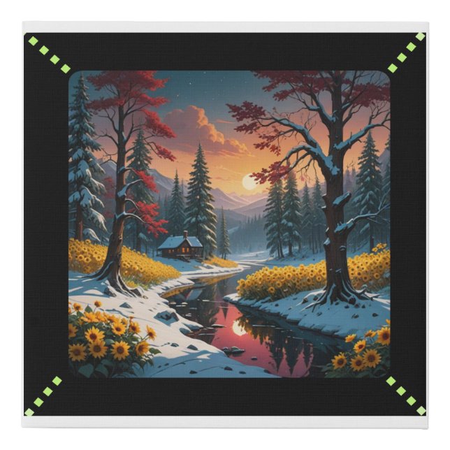 Winter Cabin by the Sunflower River Faux Canvas Print (Front)