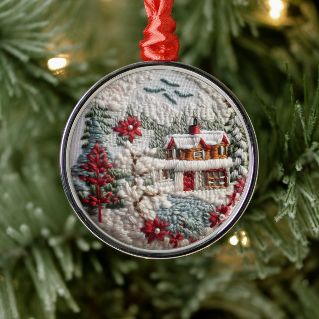 Winter Cabin Christmas Holidays Faux Embroidered Metal Ornament (Tree)