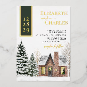 Winter Cabin Cottage Green Rustic Wedding Foil Invitation