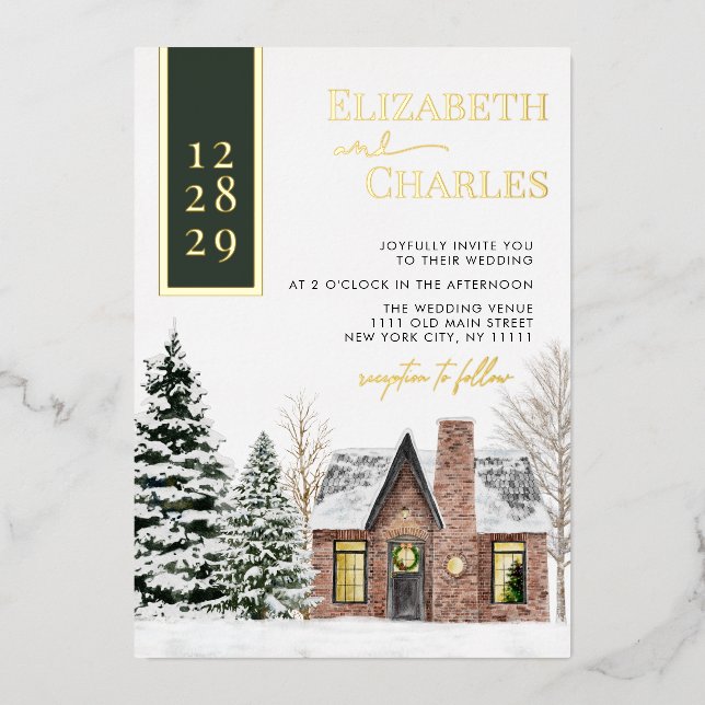 Winter Cabin Cottage Green Rustic Wedding Foil Invitation (Front)
