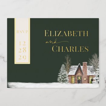 Winter Cabin Cottage Green Rustic Wedding Rsvp Foil Invitation Postcard by rusticwedding at Zazzle
