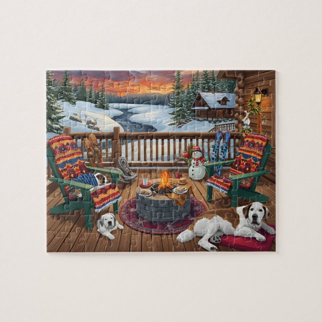 Winter Cabin Deck Dogs Fire Pit Snow Scene Jigsaw Puzzle (Horizontal)
