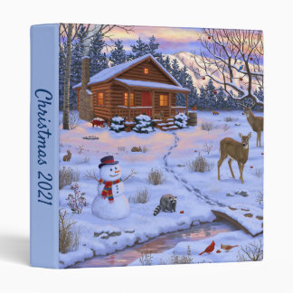 Winter Cabin Deer In Snow Christmas Scene 3 Ring Binder